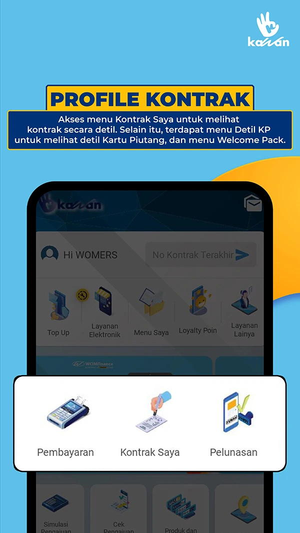 KAWAN by WOM Finance store image, contract profile and payments menu